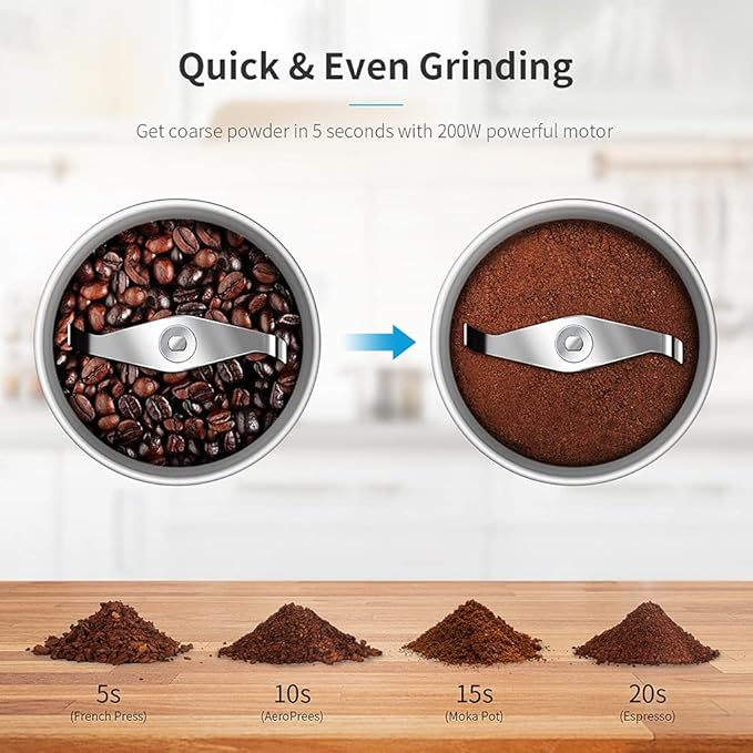 SHARDOR Electric Coffee Bean Grinder, Spice Grinder, 1 Removable Bowl with Stainless Steel Blade, Silver - Bloomnest