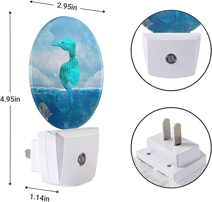 EKOBLA Seahorse Night Light - Watercolor Ocean Plug-in Nightlights with Auto Sensor, Dusk to Dawn Blue LED Lighting for Bedroom, Bathroom & Nursery (Marine Wildlife Theme) - Bloomnest