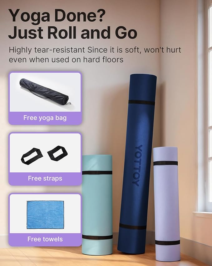YOTTOY Large Yoga Mat (75 * 52 * 1/2inch),Extra Wide TPE Exercise Mat,Non-Slip Workout Mat for Pilates, Fitness, Barefoot, Home Gym Studio with Strap and Towel - Bloomnest