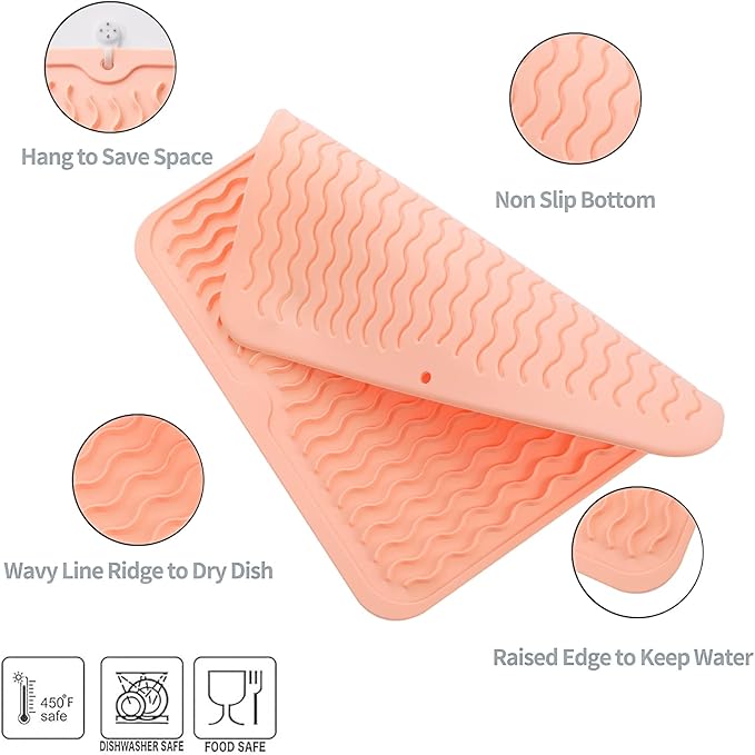 Silicone Dish Drying Mat for Multiple Usage,Easy clean,Eco-friendly,Heat-resistant Silicone Mat for Kitchen Counter or Sink,Refrigerator or Drawer liner Pink M 12 inches x 12 inches - Bloomnest
