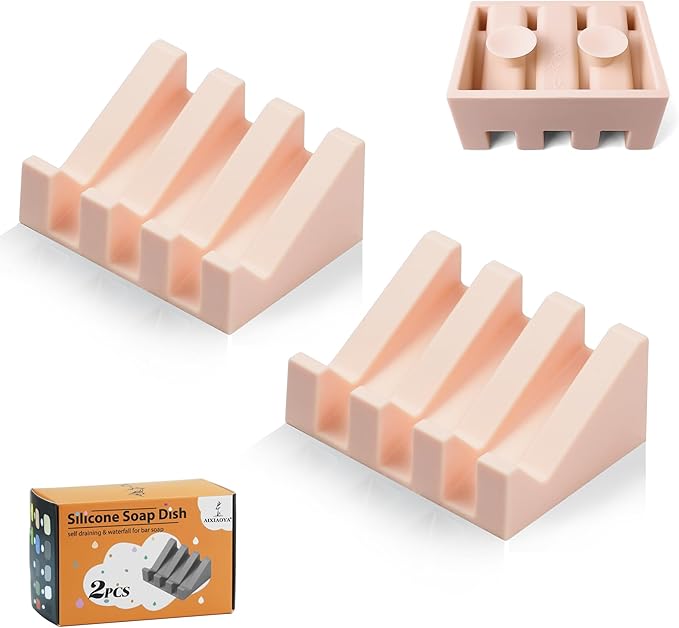 Silicone Soap Dish with Drain, Upgrade Double Suction Cups at The Bottom for Anti-Slip and Stability, Soap Dish Shower Waterfall Bar Soap Holder Tray with Drain Soap Holder (2, Pink) - Bloomnest