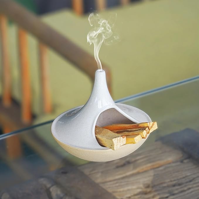 3 in 1 Incense Holder for Palo Santo Sticks Sage Bundles Cone Incense, Handcrafted Ceramic Incense Burner Holder Ash Catcher with Chimney, Smudge Bowl for Yoga Meditation Home Decor (Chimney White) GRAMSTORMAX