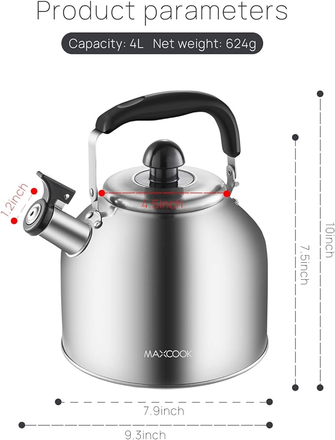 4.2 Quart/4L Stainless Steel Whistling Tea Kettle,Brushed Satin, Suitable to Boiling Water & Tea on Induction Stove, Gas Stove Top - Bloomnest