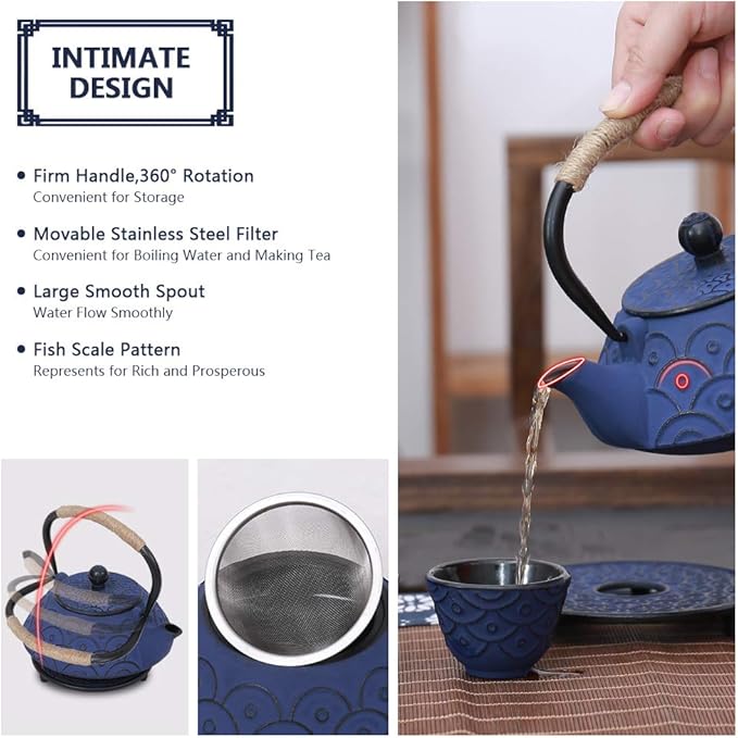 Japanese Style Cast Iron Teapot Set with 4 Tea Cups Iron Tea Kettle with Infuser Hemp Rope Trivet Asian Gift for Adults Parents (Fish Scale Pattern, Blue,Anti Rust) - Bloomnest