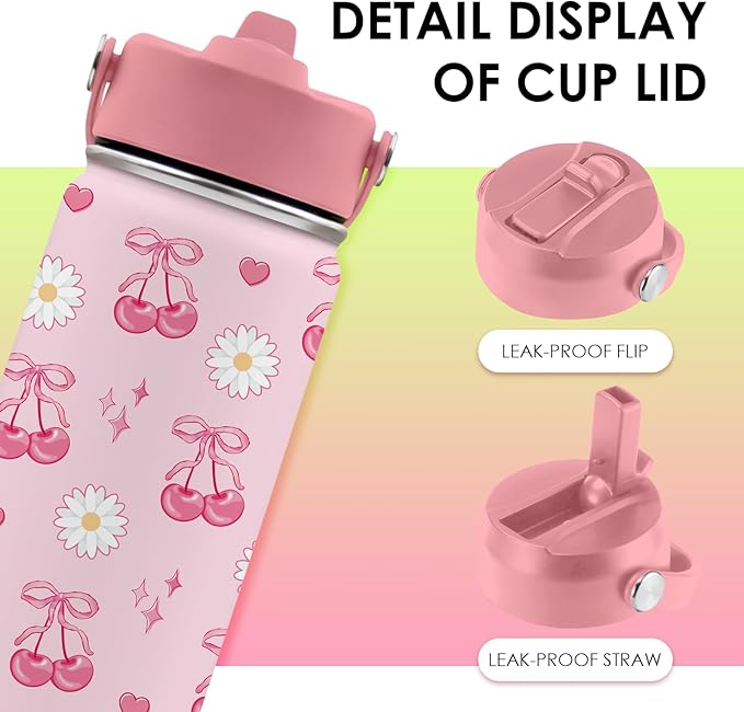 Cherry Gifts for Kids - 16oz Pink Kids Water Bottle with Straw Lid, Stainless Steel Insulated Tumbler, Leakproof, BPA-Free, for Girls, School, Travel - Cherry Lovers Children Birthday Gift Cup (1pc) - Bloomnest