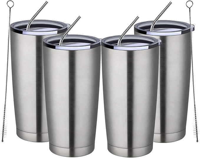 MEWAY 20oz Tumbler 4 Pack Double Wall Vacuum Insulated Travel Mug Bulk, Stainless Steel Tumblers with Lid and Straw, Durable Powder Coated Coffee Cups for Cold & Hot Drinks (Silver, 4) - Bloomnest