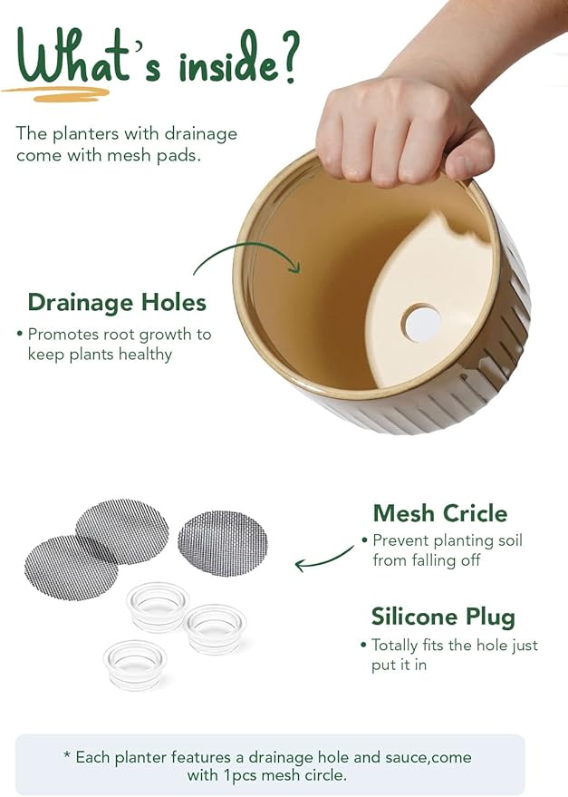 LE TAUCI Fluted Ceramic Planters Set of 3 – 8.3/7 / 5.7 in Cloud Cream Reactive Cylinder Indoor Plant Pots with Drainage Plug & Mesh, Glossy Stoneware Flower Pots for Succulents Herbs - Bloomnest