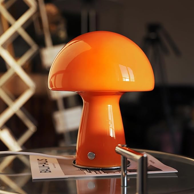 Cute Mushroom Lamp with Glass Lampshade,Small Orange Table Light,Dimmable Led Bedside Lamp,Mid Century Modern Desk Light for Living Room Bedroom - Bloomnest