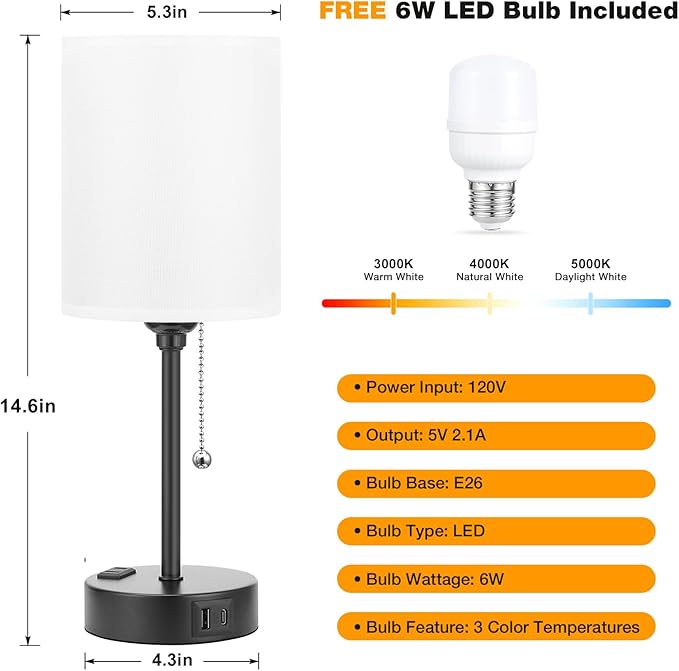 Small Bedside Table lamp for Bedroom - 3 Color Temperatures Bedside Lamps with USB C and A Ports, Pull Chain Table Lamps with AC Outlet, White Nightstand Lamps with Black Metal Base for Kids Reading - Bloomnest
