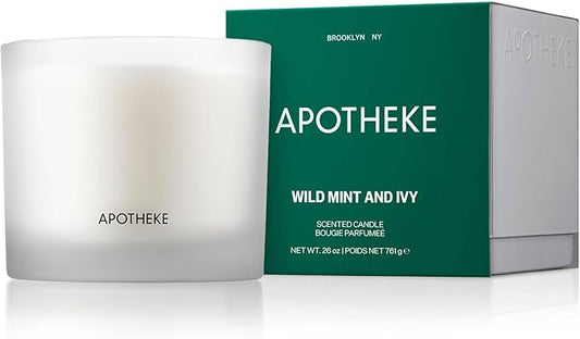 Apotheke 3-Wick Scented Candles for Home, Wild Mint & Ivy - 26 oz Soy Wax Jar Candle Gift for Women - Long-Lasting Fragrance with Perfume-Grade Essential Oils - Eucalyptus, Patchouli, Cedarwood & Rose - Bloomnest