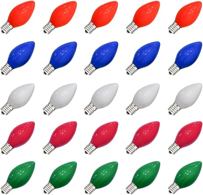 SUNSGNE 25 Pack C7 Multicolor Christmas Replacement Bulbs, Vintage Multicolor Ceramic Light Bulbs for C7 Christmas String Lights, E12/C7 Candelabra Base, 5 Watt - Bloomnest