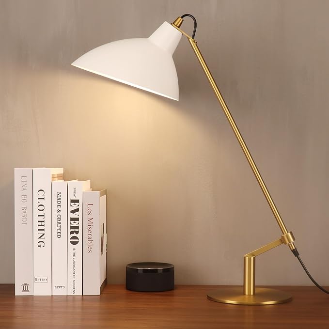 Desk Lamp Modern Industrial 100% Metal Table Lamp 22", Soft White Light (3000K) with Adjustable Switch, Ideal for Office Bedroom Study Room Living Room Nightstand Bedside Lamps White+Brass - Bloomnest