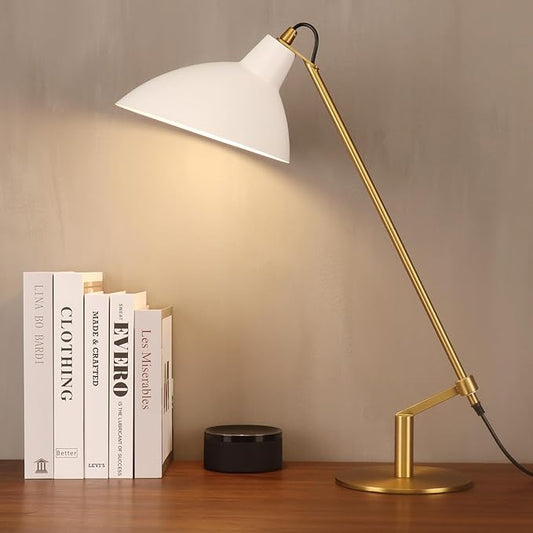 Desk Lamp Modern Industrial 100% Metal Table Lamp 22", Soft White Light (3000K) with Adjustable Switch, Ideal for Office Bedroom Study Room Living Room Nightstand Bedside Lamps White+Brass - Bloomnest
