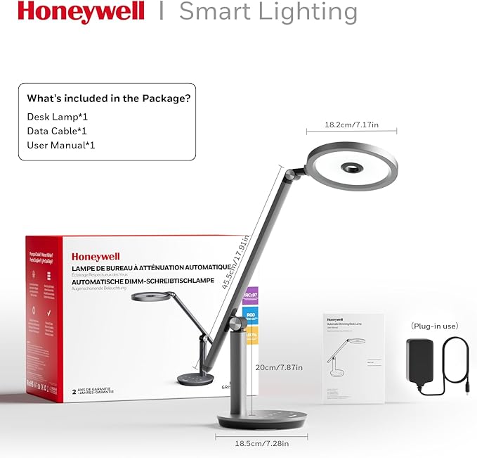 Honeywell Desk Lamp for Home Office, H6 Sunturalux™ Eye-Caring Led Desk Light, 800LM Dimmable Desk Lamp with Timer, Touch Control Tall Desk Reading Light, Table Lamp for Circle Webcam, Study, Bedroom - Bloomnest