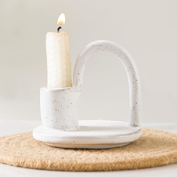 Candle Holder, Ceramic Candle Holder, Christamas Candlestick Holder, for Taper Candles, Vintage Home Decor - White Taper Holder with Handle and Spots - Rustic Style - Bloomnest