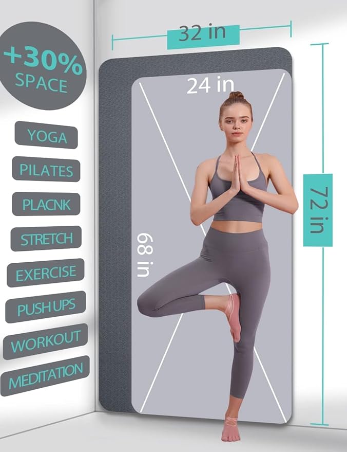 Yoga Mat Double-Sided Non Slip, 72'' x 32'' x 7mm - Extra Wide & Thick Yoga Mat for Women Men Kids, Professional TPE Yoga Mats for Home Workout, Yoga, Pilates and Floor Exercise, with Carrier Strap - Bloomnest