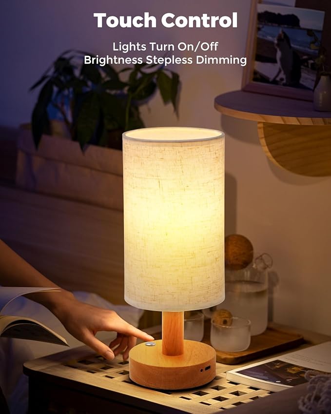Cordless Table Lamp, 2200mAh Battery Operated Desk Lamp, Touch Bedside Lamps for Night Stands, Warm Light Mini Boho Lamp, Wood Base Round Flaxen Fabric Shade for Living Room,LED Bulb Included (Beige) - Bloomnest