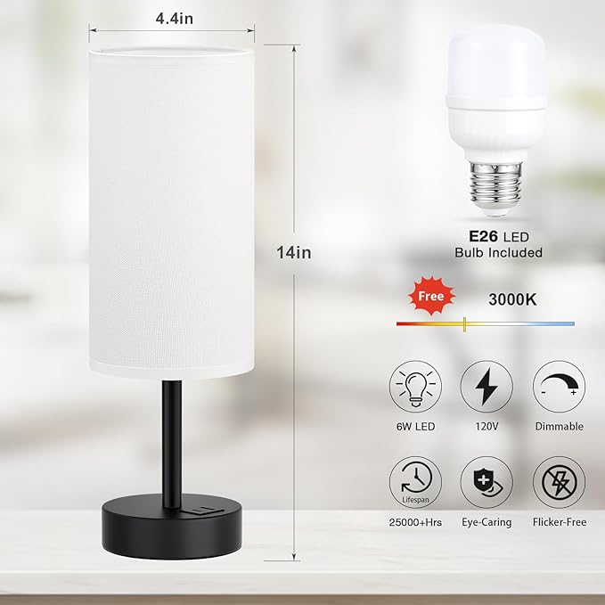 Dicoool White Touch Table Lamp with USB - 3 Way Dimmable Bedside Lamp for Nightstand, Bedroom Lamp with Black Charging Station for Desk, Office, Kids Room, Dorm, Small - Bloomnest