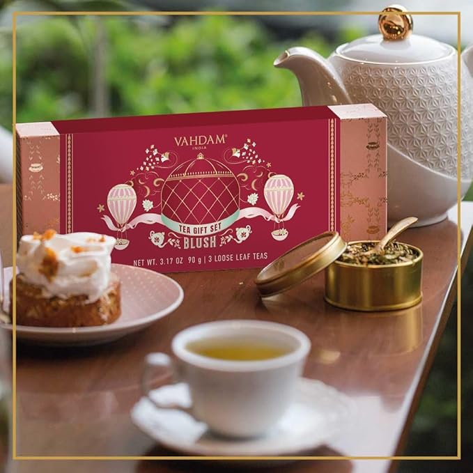 VAHDAM, BLUSH - Assorted Christmas Tea Gift Set for Women (3 Premium Teas) Tin Caddy Presentation Box | Loose Leaf Teas | Gluten Free & Non GMO | Gifts for Her - Bloomnest