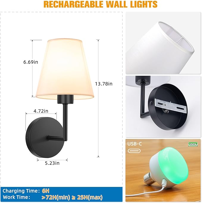 NIORSUN 13.8 inch Battery Operated Wall Sconce Set of 2,Black Rechargeable Wall Lights with 5200mAh Dimmable Detachable Bulbs and Remote,9 Colors Wireless Sconces for Bedroom Living Room Hallway - Bloomnest