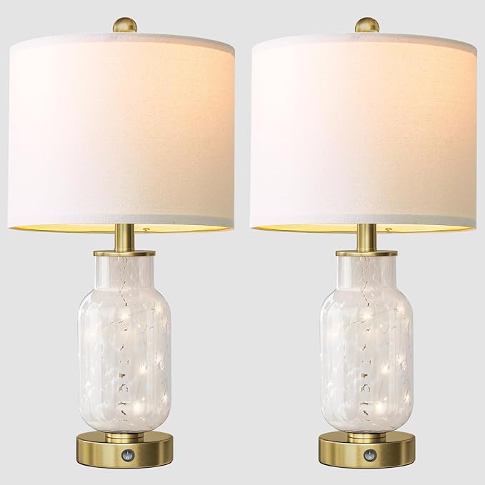 Oneach 22" Glass Table Lamps Set of 2, White Modern Bedside Lamp with LED Night Light for Living Room, Nightstand Lamp with USB Ports for Bedrooms, Study Room, End Table(2 Bulbs Included) - Bloomnest