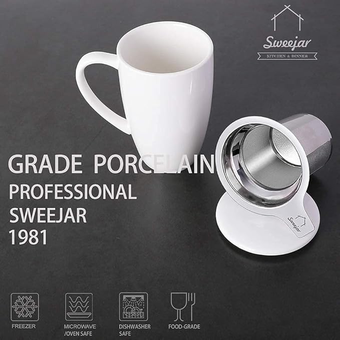 Sweejar Porcelain Tea Infuser Cup with Lid, 16 oz Teacup with Strainers for Loose Leaf, Microwave and Dishwasher Safe Coffee Mug, Steeping Mug for Tea Drinkers,Christmas Gift (White) - Bloomnest