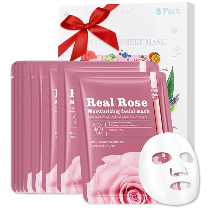 8 Pack Rose Face Mask,Pink Face Masks Skincare Spa Day Kit Supplies,Spa Party Favors for Women,Sheet Facial Mask Skincare Gifts Set,Moisturize Soothe for All Skin Types - Bloomnest