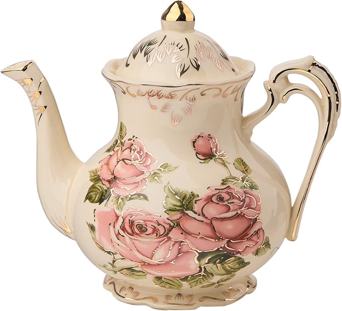 YOLIFE Teapot, Vintage Ivory Ceamic Tea Pot with Infuser, Floral Teapot Pink Rose with Gold Trim - 25oz /3 Cups - Bloomnest