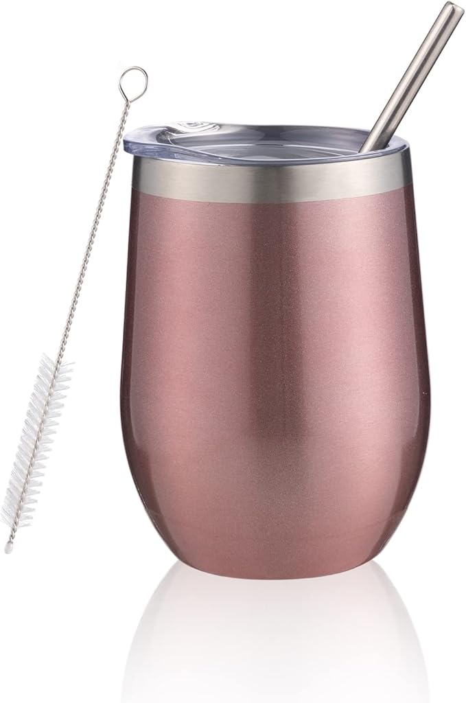 12 oz Insulated Wine Tumbler with Lid and Straw,Stainless Steel Stemless Wine Tumbler Glasses Double Wall Vacuum Wine Cups Tumbler for Coffee,Champaign,Cocktail (Rose Gold,1) - Bloomnest