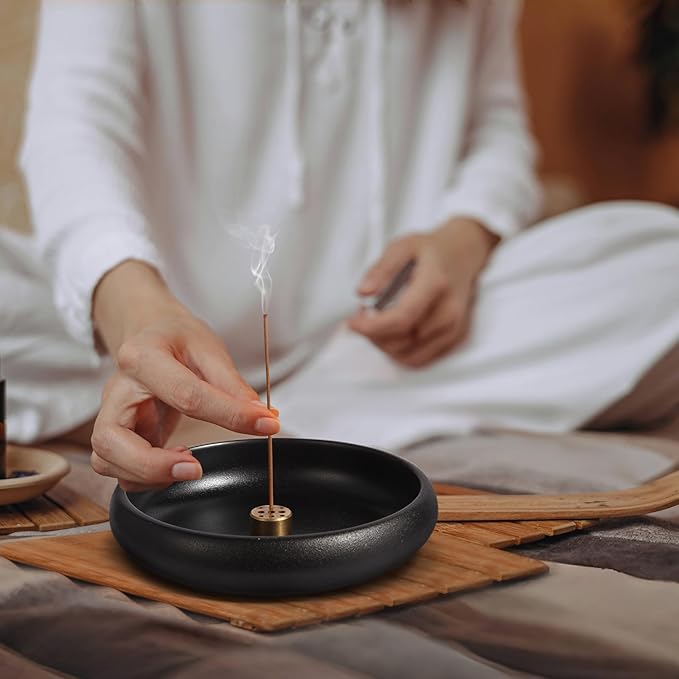 Incense Holder for Sticks, Sage, Coil Incense, Incense Stick Holder 5.71" for Yoga Meditation Energy Cleansing, Ceramic Incense Burner Holder with 9 Holes, Ash Catcher, Smudge Bowl (Black) - Bloomnest