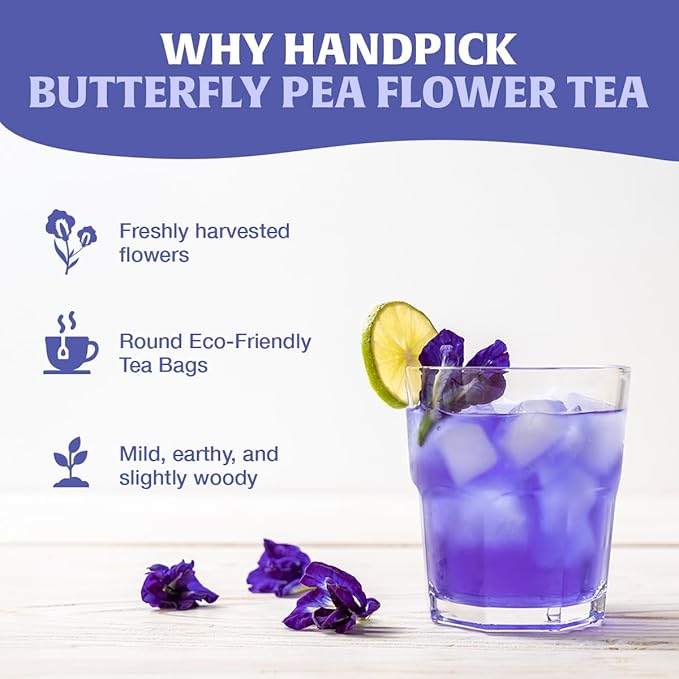 HANDPICK, Butterfly Pea Flower Tea (100 Herbal Tea Bags) | Caffeine Free, Non GMO | Premium Dried Butterfly Pea Flowers For Blue & Purple Drinks, Food Coloring | Iced Teas, Coolers, Cocktails - Bloomnest