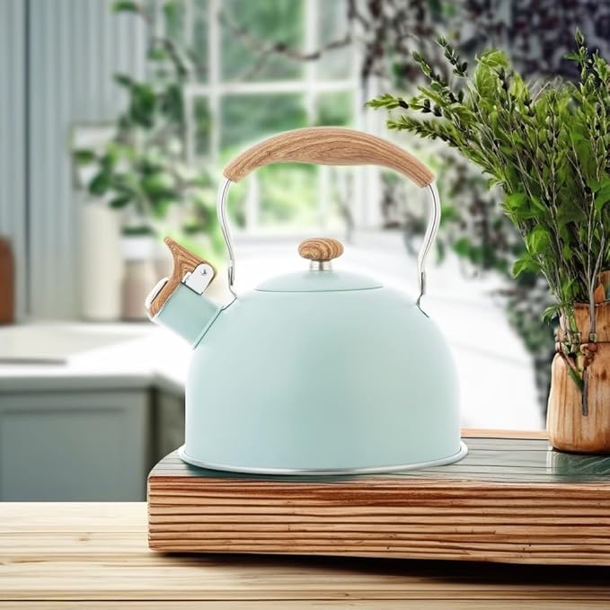 Whistling Stainless Steel Diamond Pattern Tea Kettle with Wood Grain Anti Heat Handle, Stainless Steel Cover Wood Grain Nylon Cover Top Tea Pot (Green) - Bloomnest
