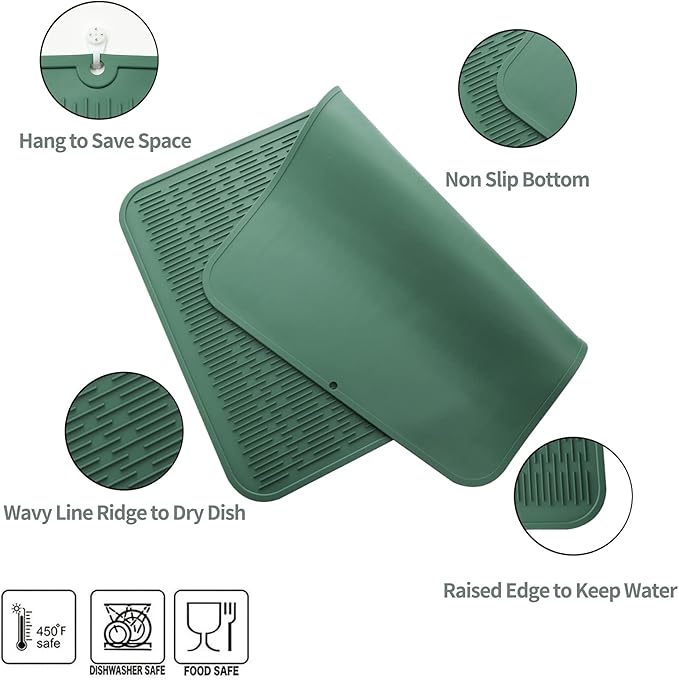 Silicone Dish Drying Mat for Multiple Usage,Easy clean,Eco-friendly,Heat-resistant Silicone Mat for Kitchen Counter or Sink,Refrigerator or Drawer Liner Green 4XL 32 inches x 18 inches - Bloomnest