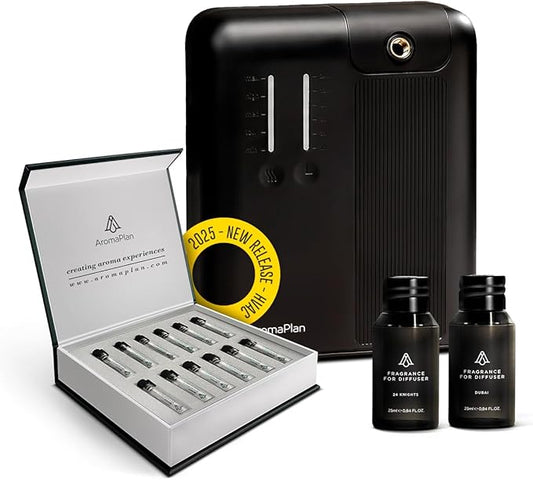 AromaPlan 5 Star Collection Cold Air Scent Diffuser, Whole House (Includes 2 Fragrances & 12 Set Sample kit) - Smart Scent Diffuser, HVAC System- Touch & App, 2000 Sq. Ft Cov. (Black) - Bloomnest