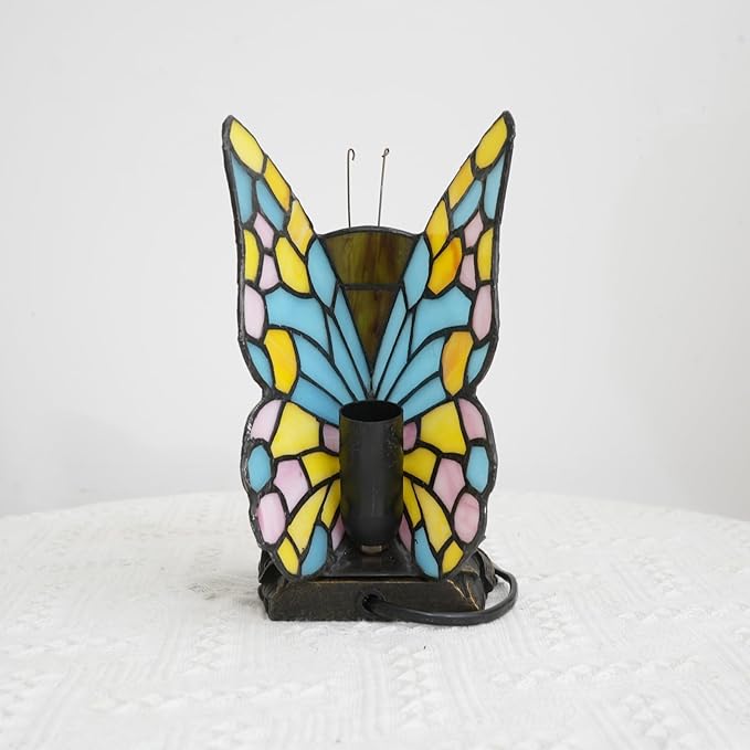 Small Tiffany Butterfly Table Lamp for Girls Bedroom Kids Bedside Desk Light Sky Blue Yellow and Pink Stained Glass Lamp Vintage Unique Style Decor Nightstand Accent Night Light Office Mothers Gifts - Bloomnest