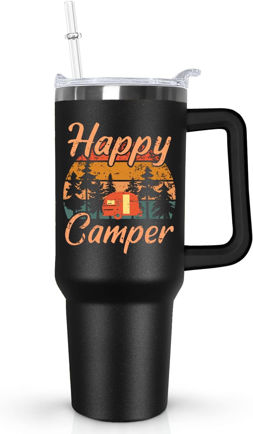 Ceovfoi Camper Tumbler with Handle,40 oz Camping Tumbler with Handle Lid and Straw,Camping Coffee Mug Cup Vacuum Insulated Travel Tumbler with Handle Lid and Straw,Rv Camping Essentials Accessories