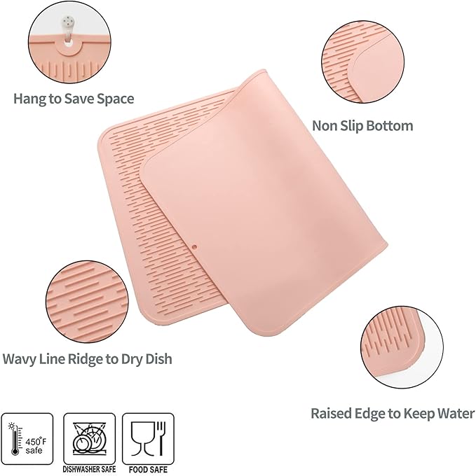 Silicone Dish Drying Mat for Multiple Usage,Easy clean,Eco-friendly,Heat-resistant Silicone Mat for Kitchen Counter or Sink,Refrigerator or Drawer Liner Pink 3XL 28 inches x 18 inches - Bloomnest