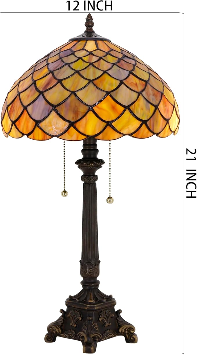Tiffany Lamp Fish Scales Style Stained Glass Table Lamp Desk Reading Light 12X12X21 Inches with Resin Base Decor Bedroom Living Room - Bloomnest