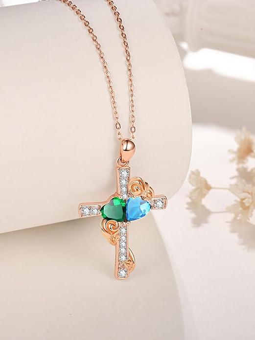 Rose Gold Dual Birthstones Cross Necklace for Women Rose Flower Jewelry Anniversary Christmas Mother's Valentine's Day Birthday Gift for Wife Girlfriend Mom - Bloomnest