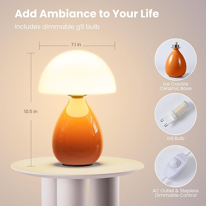 Mushroom Lamp, Mini Modern Lamp Small Vintage Table Bedside Nightstand Light, Small Light Dimmable for Bedroom, Living Room, Ceramic Base Glass Home Decor for Woman Children Gifts - Bloomnest