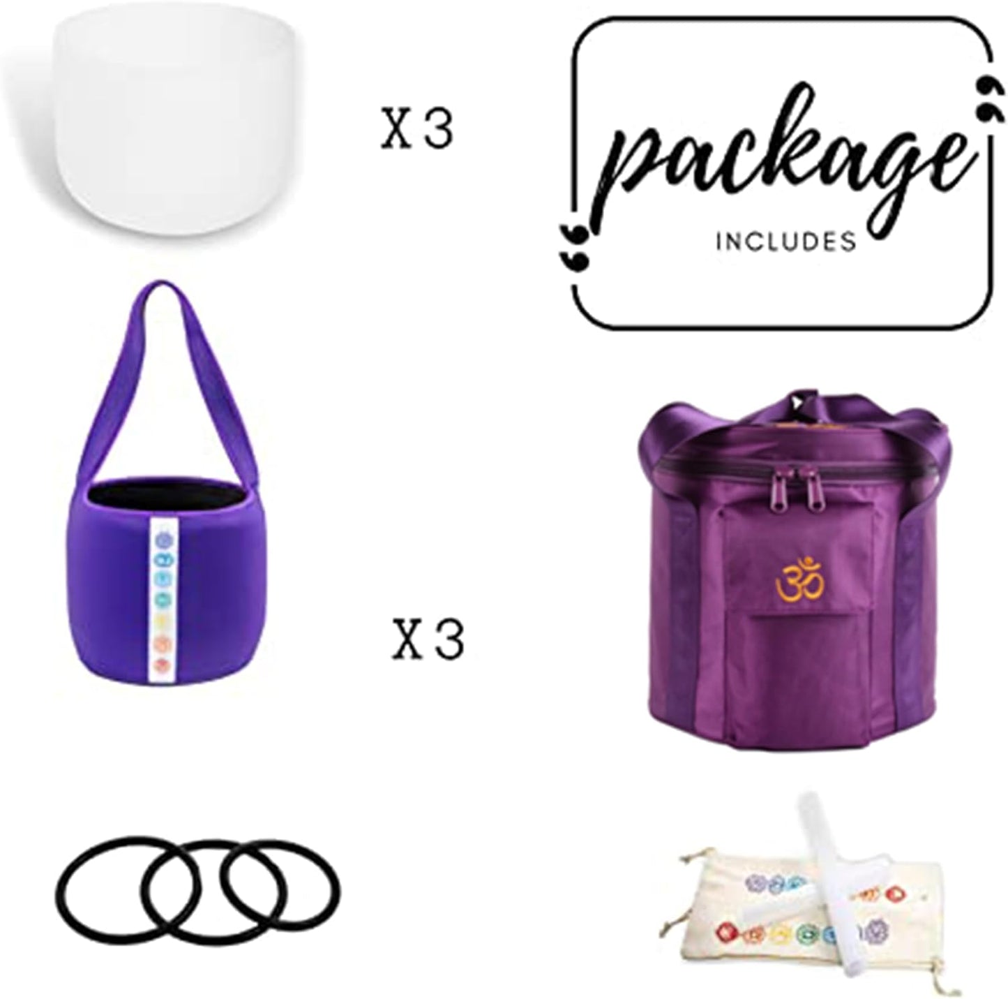 FMTY Perfect pitch(±10hz) Singing Bowl set of 3 7A+9F+11D Crystal Singing Bowl with Carrying Bag, Crystal Mallet, O-Ring Pure Quartz Crystal Sound Bowl (Set of 3, White)