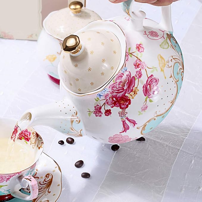 Tea Pot Bone China Floral Design Vintage Teapot Loose Tea Women and Tea lovers 850 ml about 4 Cups Gift Box - Bloomnest