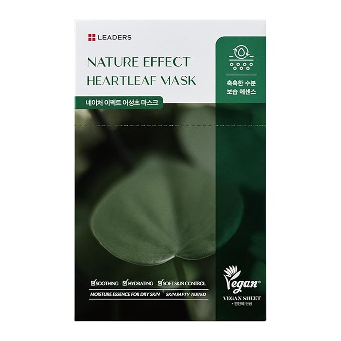 LEADERS Nature Effect Heartleaf Mask - Hydrating & Restoring Face Mask for Dry, Acne-Prone, Sensitive Skin | Soothing, Balancing, & Soft Skin Control Serum Content, Vegan Certified - 10 Sheets - Bloomnest