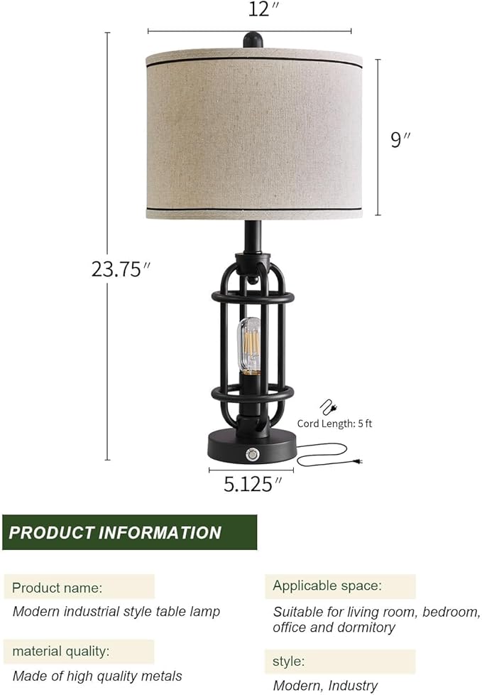 23.75'' Industrial Black Metal Table Lamps Living Room Lamp for Nightstand Bedroom lamps Set of 2 Bedside End Side Table Lamps Home Decor Touch Lamp Modern Lamps With USB Port, Bulbs Included - Bloomnest