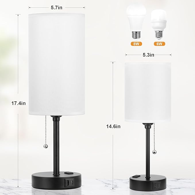 Dicoool 17Inch Tall Bedroom Lamps with USB C and A Ports 3 Color Temperatures - Pull Chain White Nightstand Bedside Table Lamp with AC Outlet, Side Lamp for Living Room End Table - Bloomnest