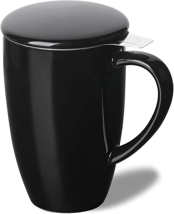 Sweejar Porcelain Tea Infuser Cup with Lid, 16 oz Tea Cup with Strainers for Loose Leaf Tea, Microwave and Dishwasher Safe Coffee Mug, Tea Steeping Mug for Tea Drinkers,Christmas Gift (Black) - Bloomnest