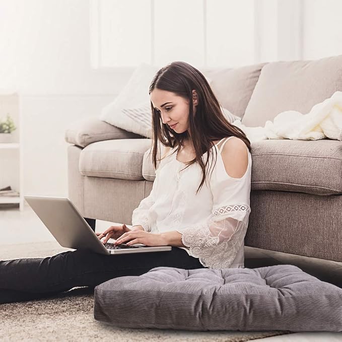 Tiita Meditation Floor Pillows, 22 Inch Square Floor Cushions for Adults, Thicken Tufted Seat Pad Set of 2, Large Floor Cushion for Yoga Garden Living Room Balcony Office Tatami, Grey