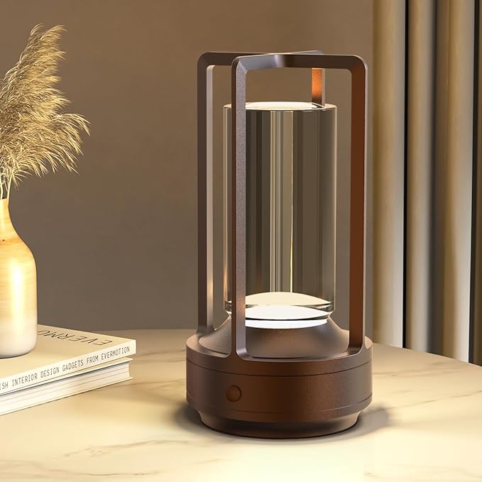 Cordless Portable Table Lamp Rechargeable for Indoor/Outdoor, 3000mAh Small Battery Powered Operated Lights, 3 Color Modes Dimmable Waterproof, LED Desk Lamp for Restaurant/Bedroom/Camping (Brown) - Bloomnest
