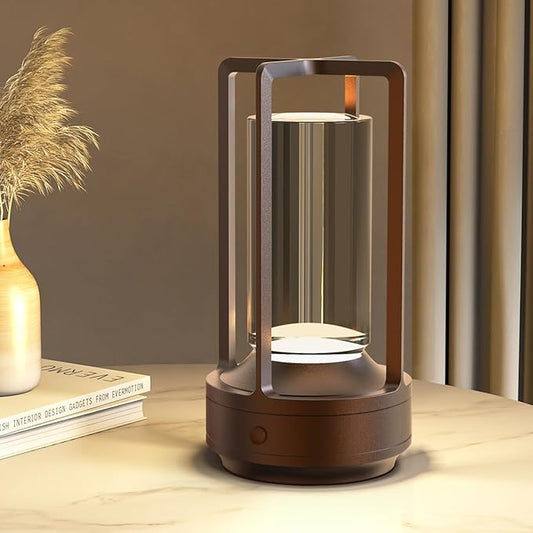 Cordless Portable Table Lamp Rechargeable for Indoor/Outdoor, 3000mAh Small Battery Powered Operated Lights, 3 Color Modes Dimmable Waterproof, LED Desk Lamp for Restaurant/Bedroom/Camping (Brown) - Bloomnest