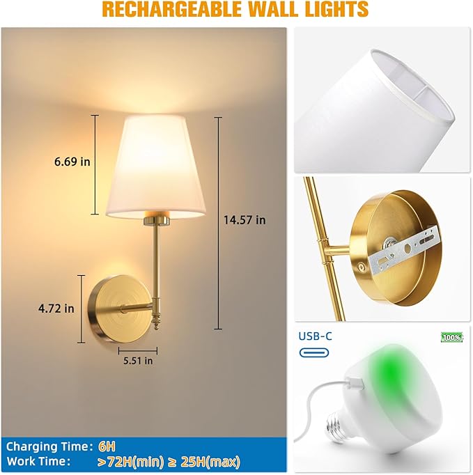 NIORSUN 14.5 inch Battery Operated Wall Sconce Set of 2,Gold Rechargeable Wall Lights with 5200mAh Dimmable Detachable Bulbs and Remote,9 Colors Wireless Sconces for Bedroom Living Room Hallway Decor - Bloomnest